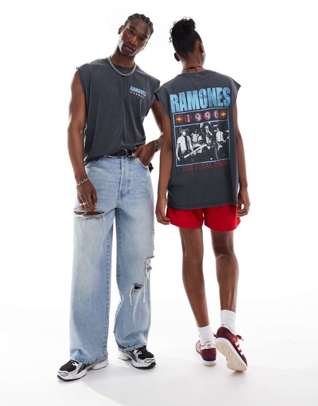 ASOS DESIGN unisex oversized vest with The Ramones graphic prints in washed black Tops by ASOS DESIGN Adding to bag in 3, 2, 1? Crew neck Sleeveless style The Ramones graphic prints Oversized fit Unisex styleSold By: Asos