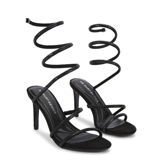 This KG Kurt Geiger Athena heel is crafted in black with black crystal embellished spiral ankle strap. The heel is in a high stiletto style. Heel height: 9cm.