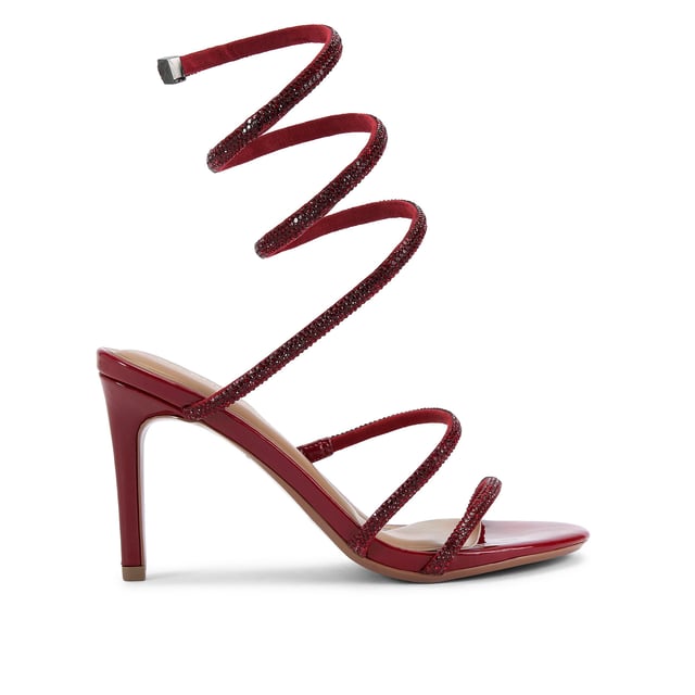 This KG Kurt Geiger Athena heel is crafted in a patent red leather alternative with red crystal embellished spiral ankle strap. The heel is in a high stiletto style. Heel height: 9cm.
