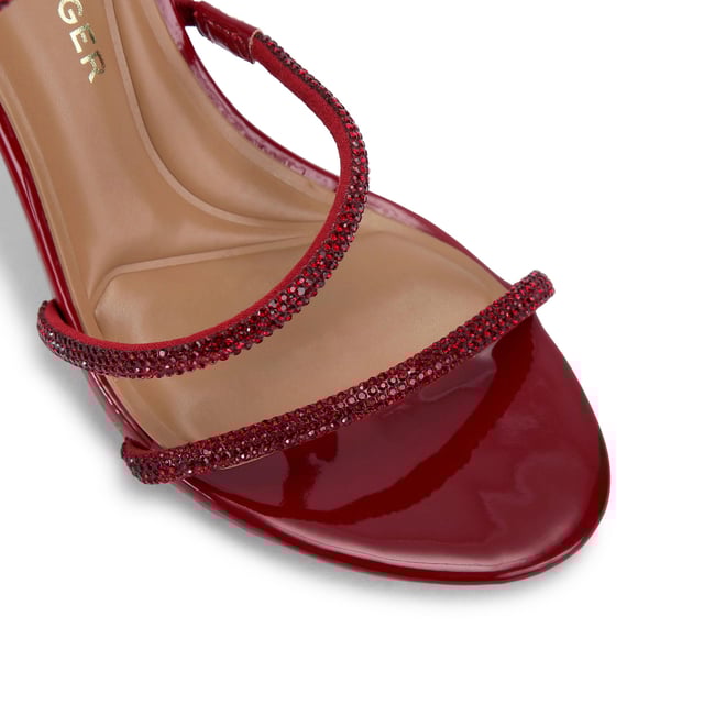 This KG Kurt Geiger Athena heel is crafted in a patent red leather alternative with red crystal embellished spiral ankle strap. The heel is in a high stiletto style. Heel height: 9cm.