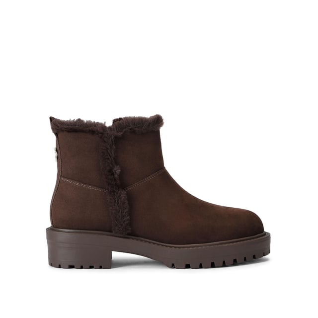 This Carvela Cosy Ankle boot features a brown microsuede upper with faux fur lining on the interior. There is a gold Icon C at the back of the ankle.