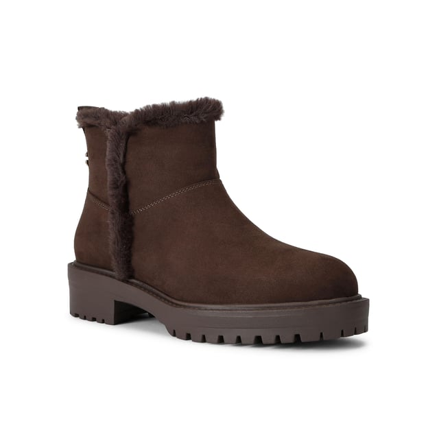 This Carvela Cosy Ankle boot features a brown microsuede upper with faux fur lining on the interior. There is a gold Icon C at the back of the ankle.