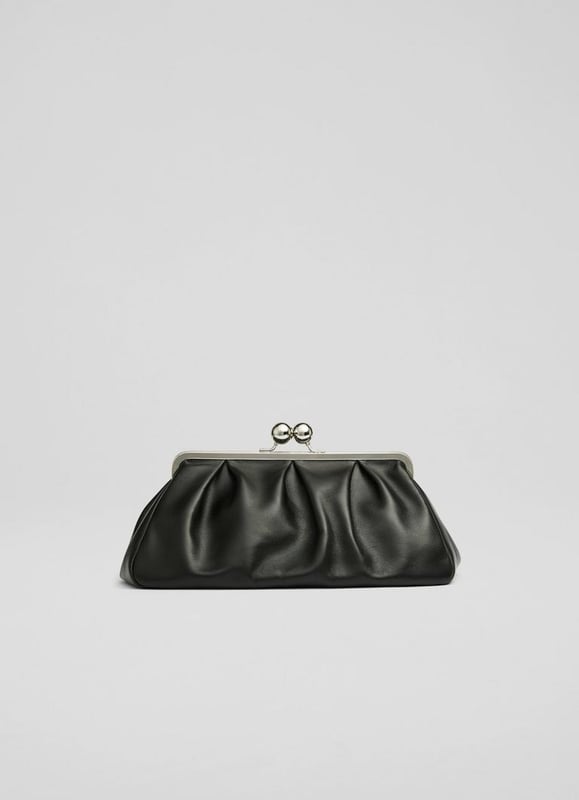 Embrace elegance with the Lana large snaplock clutch bag, perfect for your next event. This sleek black accessory is crafted from sumptuous nappa leather with a cotton lining, making it an understated yet luxurious addition to your ensemble. Pair it with an evening gown or your favourite cocktail dress for a look that exudes sophistication.