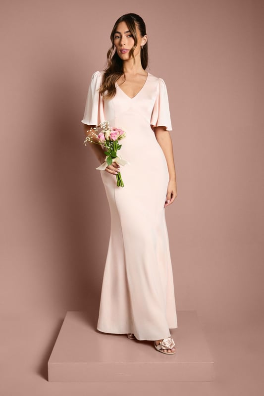 Contrast Satin Angel Sleeve Open Back Bridesmaid Dress