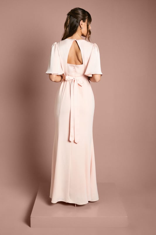 Contrast Satin Angel Sleeve Open Back Bridesmaid Dress