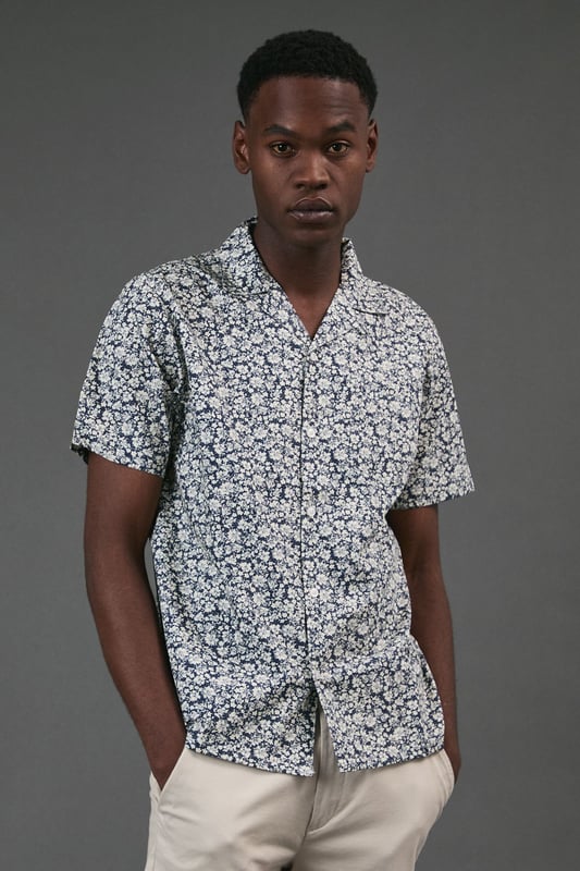 Navy Floral Print Revere Short Sleeve Shirt