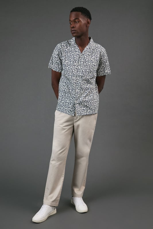 Navy Floral Print Revere Short Sleeve Shirt