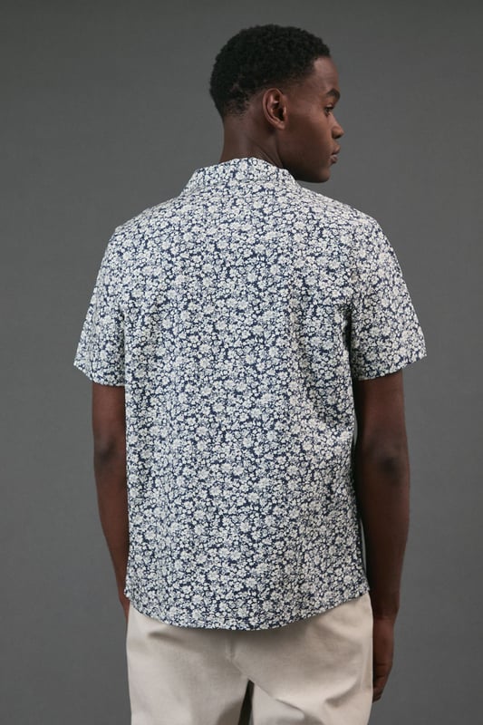 Navy Floral Print Revere Short Sleeve Shirt
