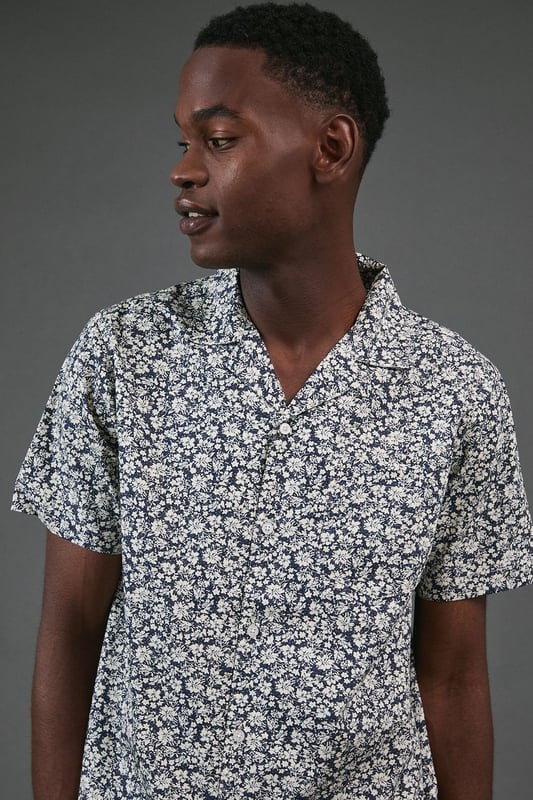 Navy Floral Print Revere Short Sleeve Shirt