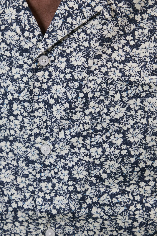 Navy Floral Print Revere Short Sleeve Shirt