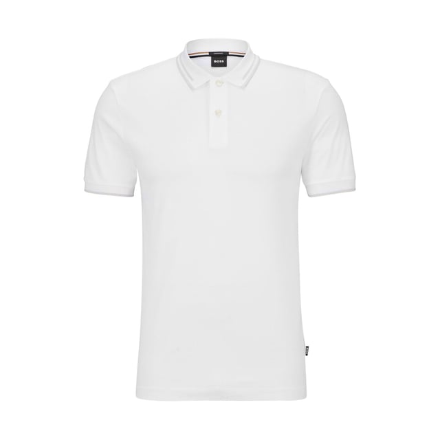 Mens BOSS Phillipson 115 Interlock Cotton Slim Fit Polo Shirt with jacquard stripes in white.A short-sleeved polo shirt in interlock cotton by BOSS Menswear. Cut to a defined fit for a neat silhouette  this polo shirt is detailed with jacquard stripes across the sleeves and chest. The collar and cuffs are finished with contrast tipping.- Slim fit- Neckline: Flat-knit collar- Number of buttons: 3- Short sleeves- No cuffs- Standard length- 100% Cotton.  Machine washable.- Ref: 50495697-100