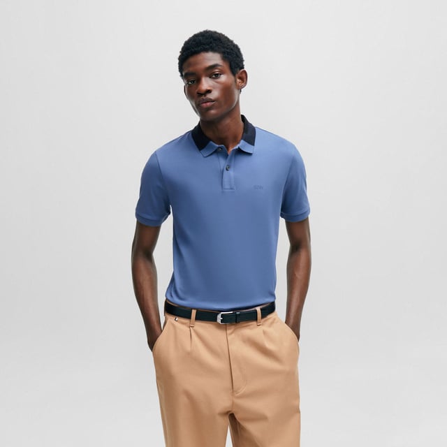 Mens BOSS Phillipson 116 Interlock Cotton Slim Fit Polo Shirt with colour-blocked collar in open blue.A signature polo shirt by BOSS Menswear. Featuring a logo at the left chest  this short-sleeved polo shirt is crafted in soft interlock cotton for everyday comfort. This piece is cut to a clean and contemporary slim fit.- Slim fit- Neckline: Polo collar- Number of buttons: 2- Short sleeves- Flat-knit cuffs- Standard length- 100% Cotton.  Machine washable- Ref: 50508840-479