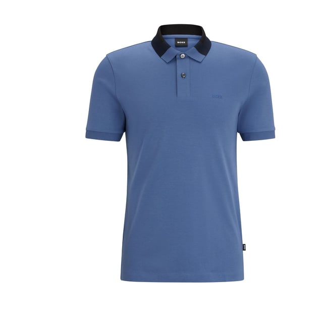 Mens BOSS Phillipson 116 Interlock Cotton Slim Fit Polo Shirt with colour-blocked collar in open blue.A signature polo shirt by BOSS Menswear. Featuring a logo at the left chest  this short-sleeved polo shirt is crafted in soft interlock cotton for everyday comfort. This piece is cut to a clean and contemporary slim fit.- Slim fit- Neckline: Polo collar- Number of buttons: 2- Short sleeves- Flat-knit cuffs- Standard length- 100% Cotton.  Machine washable- Ref: 50508840-479