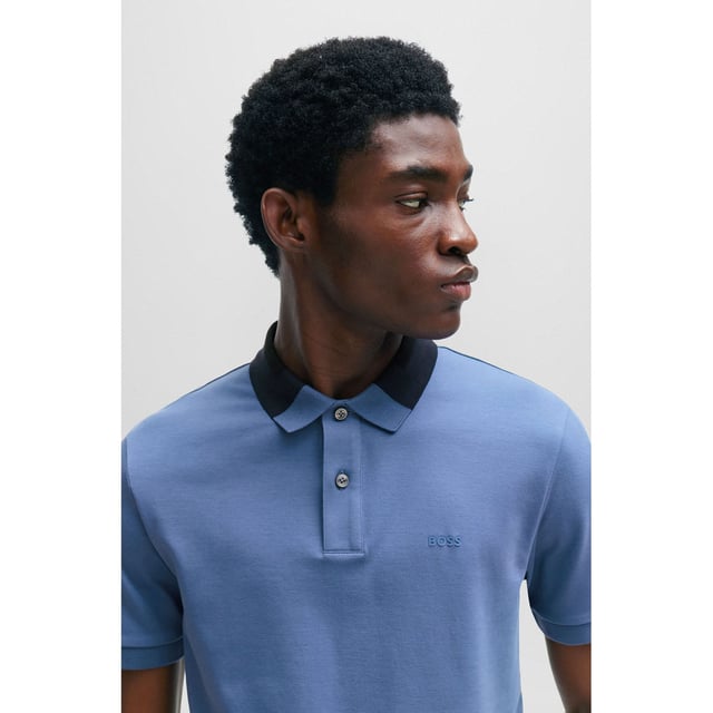 Mens BOSS Phillipson 116 Interlock Cotton Slim Fit Polo Shirt with colour-blocked collar in open blue.A signature polo shirt by BOSS Menswear. Featuring a logo at the left chest  this short-sleeved polo shirt is crafted in soft interlock cotton for everyday comfort. This piece is cut to a clean and contemporary slim fit.- Slim fit- Neckline: Polo collar- Number of buttons: 2- Short sleeves- Flat-knit cuffs- Standard length- 100% Cotton.  Machine washable- Ref: 50508840-479