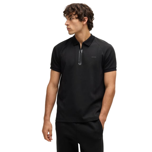 Mens BOSS Philix Cotton-Blend Polo Shirt in Drop-Needle Stretch Fabric in blackAn expertly engineered polo shirt by BOSS Menswear. Featuring a zip placket and logo  this regular-fit piece is created in drop-needle stretch fabric. - Regular fit- Flat-knit collar- Fastening top: Zip closure- Short sleeves- Flat-knit cuffs- Standard length- 74% Cotton  19% Polyester  7% Elastane.  Machine washable.- Ref: 50532954-001