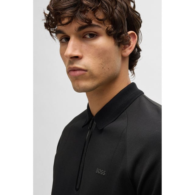 Mens BOSS Philix Cotton-Blend Polo Shirt in Drop-Needle Stretch Fabric in blackAn expertly engineered polo shirt by BOSS Menswear. Featuring a zip placket and logo  this regular-fit piece is created in drop-needle stretch fabric. - Regular fit- Flat-knit collar- Fastening top: Zip closure- Short sleeves- Flat-knit cuffs- Standard length- 74% Cotton  19% Polyester  7% Elastane.  Machine washable.- Ref: 50532954-001