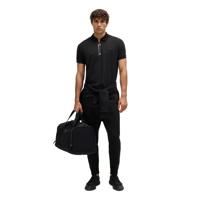 Mens BOSS Philix Cotton-Blend Polo Shirt in Drop-Needle Stretch Fabric in blackAn expertly engineered polo shirt by BOSS Menswear. Featuring a zip placket and logo  this regular-fit piece is created in drop-needle stretch fabric. - Regular fit- Flat-knit collar- Fastening top: Zip closure- Short sleeves- Flat-knit cuffs- Standard length- 74% Cotton  19% Polyester  7% Elastane.  Machine washable.- Ref: 50532954-001