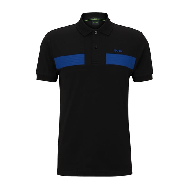Mens BOSS Paule 2 Cotton-Blend Slim-Fit Polo Shirt with striped tape in black.A slim-fit polo shirt in an active-stretch cotton-blend piqué with striped tape and logo embroidery by BOSS Menswear.- Slim fit- Neckline: Flat-knit collar- Number of buttons: 2- Short sleeves- Flat-knit cuffs- Standard length- 56% Cotton  39% Polyester  5% Elastane.  Machine washable.- Ref: 50494310-001