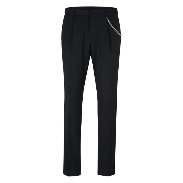 Mens HUGO Hesten 231E1X Wool Blend Extra Slim Fit Trousers with chain detail in black- Extra slim fit- Four pocket styling- Hook and zip closure- Chain detail- Satin trim to sides- Partially lined- Main material: 76% Virgin wool  21% Polyester  3% Elastane.  Dry clean.- Ref: 50483152-001