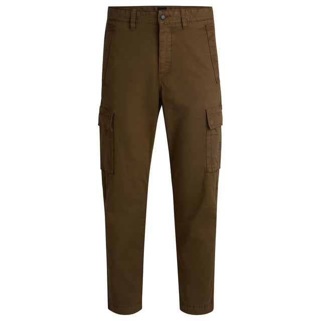 Mens BOSS Sisla-8 Cargo Trousers in Stretch-Cotton Twill in open green.Casual cargo trousers by BOSS Menswear. Featuring a logo patch on the pocket  this comfy pair is crafted in breathable stretch twill. This product’s raw material is derived from regenerative agriculture: an approach focused on preservation and restoration that aims to increase biodiversity  preserve water quality and improve soil health while absorbing CO2. Regenerative agriculture also promotes animal welfare and fair working conditions for farmers.- Regular fit- Regular rise- Button and zip closure- Fit foot width: 38cm- 98% Cotton  2% Elastane  pocketing: 65% Polyester  35% Cotton.  Machine washable.- Ref: 50530599-368