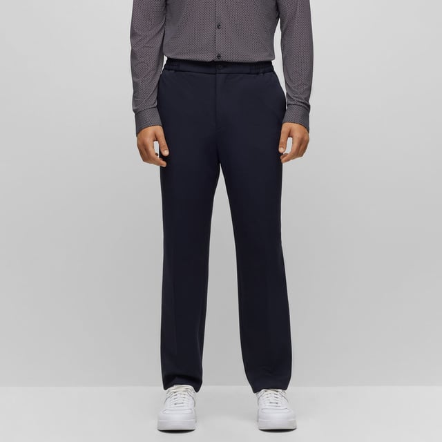Mens HUGO Gos233F1J Trousers in dark blue- Elasticised waistband- Button and zip closure- Side pockets- Rear welt pockets- HUGO Performance- 53% Polyester  41% Cotton  6% Elastane.  Dry clean.- Ref: 50497191-405