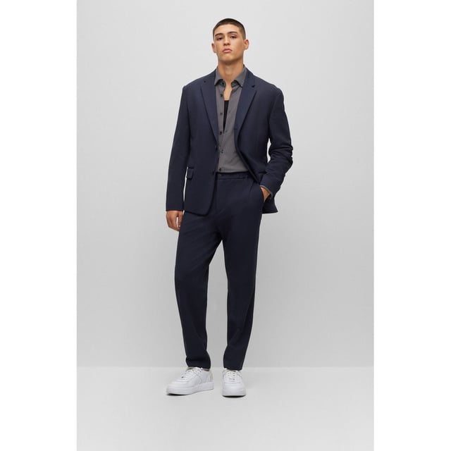 Mens HUGO Gos233F1J Trousers in dark blue- Elasticised waistband- Button and zip closure- Side pockets- Rear welt pockets- HUGO Performance- 53% Polyester  41% Cotton  6% Elastane.  Dry clean.- Ref: 50497191-405