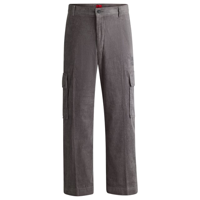 Mens HUGO Grady244 Regular Fit Cargo Trousers in Cotton Corduroy in medium greyTrend-driven cargo trousers made in cotton corduroy by HUGO. This pair is cut to a straight fit for a casual silhouette.- Regular fit.- Button and zip closure.- Belt loops.- Side pockets and back welt pockets.- Side cargo pockets.- Straight leg.- Main material: 100% Cotton.  Pocketing: 65% Polyester  35% Cotton.  Machine washable.- Ref: 50521138-034
