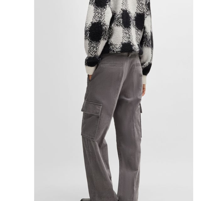 Mens HUGO Grady244 Regular Fit Cargo Trousers in Cotton Corduroy in medium greyTrend-driven cargo trousers made in cotton corduroy by HUGO. This pair is cut to a straight fit for a casual silhouette.- Regular fit.- Button and zip closure.- Belt loops.- Side pockets and back welt pockets.- Side cargo pockets.- Straight leg.- Main material: 100% Cotton.  Pocketing: 65% Polyester  35% Cotton.  Machine washable.- Ref: 50521138-034
