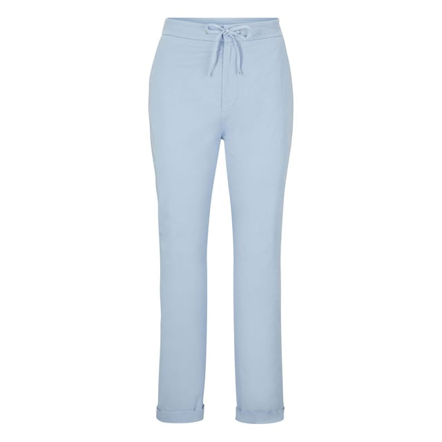 Dames BOSS C Tapata-D broek in licht - pastelblauw- Elastische tailleband met trekkoord- Haak- en ritssluiting- Schuine zakken voor- Paspelzak achter- Verven in kledingstuk- Stretch stof- 97% Katoen 3% Elastaan.  Machinewasbaar.- Ref: 50492621-450