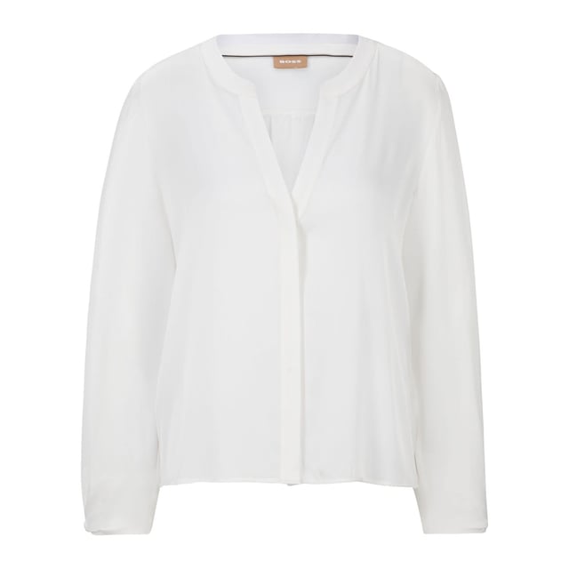 Womens BOSS Biralana Blouse in open white.- Tunic neckline- Concealed button placket- Long sleeves with knot detail cuffs- Relaxed fit- 90% Silk  10% Elastane.  Dry clean.- 50501001-112