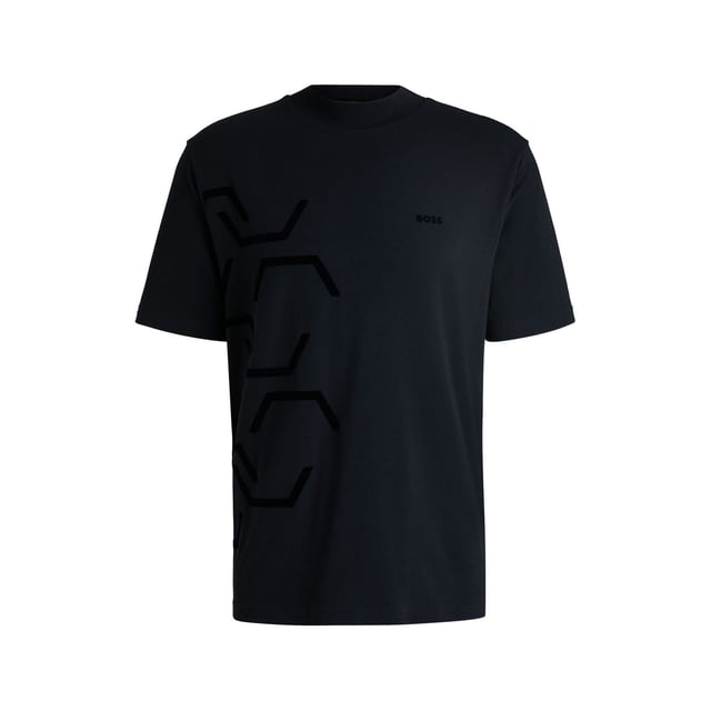 Mens BOSS Tock Hexaquilt Stretch-cotton T-shirt with graphic hexagonal artwork in dark blueCut to a relaxed fit  BOSS Menswear's T-shirt has tonal hexagonal artwork for a dynamic look. Stretch-cotton jersey  mock neckline  branding.- Relaxed fit- Crew neck- Short sleeves- Standard length- 95% Cotton  5% Elastane.  Machine washable.- Ref: 50531570-402