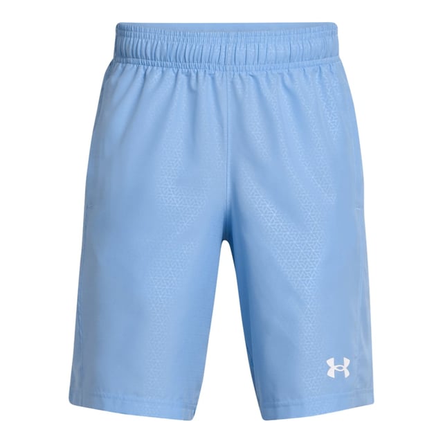 Boy's Under Armour Juniors Woven Halfback Emboss Shorts in Blue Encased elastic waistband with internal drawcord.Open hand pockets.Material wicks sweat & dries really fast.Ultra-lightweight breathable but still extremely durable fabric.Loose fit.