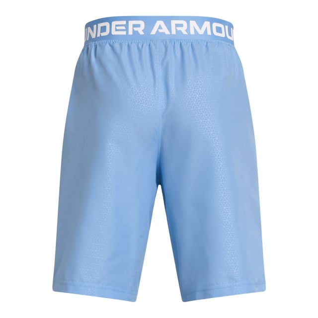 Boy's Under Armour Juniors Woven Halfback Emboss Shorts in Blue Encased elastic waistband with internal drawcord.Open hand pockets.Material wicks sweat & dries really fast.Ultra-lightweight breathable but still extremely durable fabric.Loose fit.