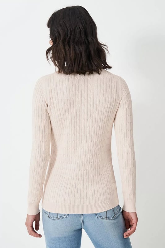 This stylish and comfortable V-Neck Cable Knit Jumper is made from pure cotton. The iconic cable twist design adds a touch of elegance. The light fine knit and longer length provide a flattering fit. Perfect for transitional season into Spring and Summer.