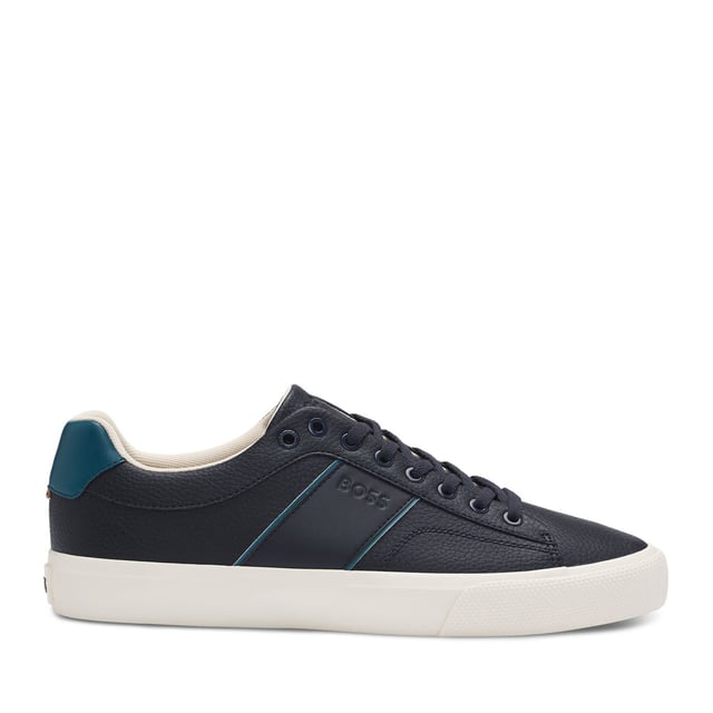 Men's Boss Aiden Tennis Trainers in Blue Mens BOSS Aiden Faux-Leather Trainers with plain and grained textures in open blue.Sporty trainers with piping and debossed branding by BOSS. This pair is crafted in synthetic coated fabric with grained and plain finishes. Synthetic coated fabric sometimes referred to as faux leather is a fabric designed to resemble real leather and-or display a matte glossy smooth or textured coated appearance. - Laces- Fully lined- Packaging: Box- Upper material: 60% Polyurethane 40% Polyester. Lining: 100% Polyester 85% Polyester 15% Polyurethane. Sole: 100% Rubber. Innersole: 100% Polyester.- Ref: 50522833-464