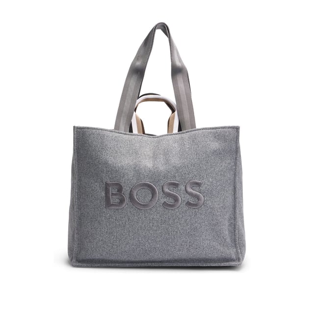 Womens BOSS Deva Tote Bag with Oversized Embroidered Logo in medium grey An open-top tote bag with signature-stripe handles by BOSS. This modern accessory is crafted in wool-effect fabric with large logo embroidery. - Approx. measurements: 41.5cm (L) x 35cm (H) x 18cm (W)- Open top- 1 inside open pocket- Hardware finishing: Polished silver hardware- Logo embroidery- Double handle- Main material: 100% Polyester (recycled)  Lining: 100% Polyester  Facing: 100% Polyester  100% Polyamide.- Ref: 50529028-030