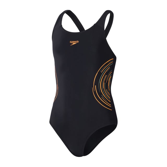 Speedo Placement Muscleback One-Piece Swimsuit. Feel confident and streamlined wearing our sporty black Muscleback, featuring a dynamic drop-ripple graphic in orange. A favourite amongst young swimmers, the muscleback style features thick straps that free up the shoulder blades to allow a full range of motion in lessons and training. Ideal for regular pool sessions, our EnduraFlex fabric offers higher chlorine resistance than standard swimwear fabrics and fits like new for longer with CREORA® HighClo™. In addition, nylon yarns in the EnduraFlex fabric are made from 100% pre-consumer waste, such as waste fabric from factories. Ref: 80832417523.