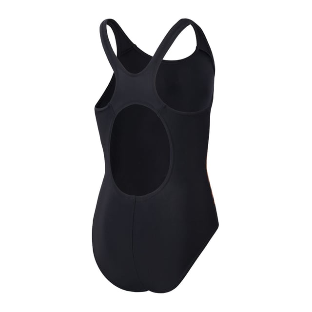 Speedo Placement Muscleback One-Piece Swimsuit. Feel confident and streamlined wearing our sporty black Muscleback, featuring a dynamic drop-ripple graphic in orange. A favourite amongst young swimmers, the muscleback style features thick straps that free up the shoulder blades to allow a full range of motion in lessons and training. Ideal for regular pool sessions, our EnduraFlex fabric offers higher chlorine resistance than standard swimwear fabrics and fits like new for longer with CREORA® HighClo™. In addition, nylon yarns in the EnduraFlex fabric are made from 100% pre-consumer waste, such as waste fabric from factories. Ref: 80832417523.