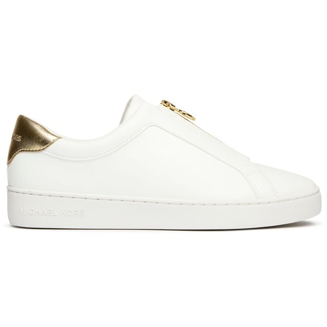 The Michael Kors Keaton Slip On combines luxury and convenience in a sleek court trainer design. Crafted with premium white leather uppers, these women's shoes offer a sophisticated yet casual aesthetic that pairs effortlessly with any outfit. The durable rubber sole provides reliable traction while maintaining the shoe's elegant profile. Perfect for the fashion-conscious woman seeking both comfort and style, these versatile trainers deliver the unmistakable Michael Kors quality in a fuss-free slip-on silhouette.