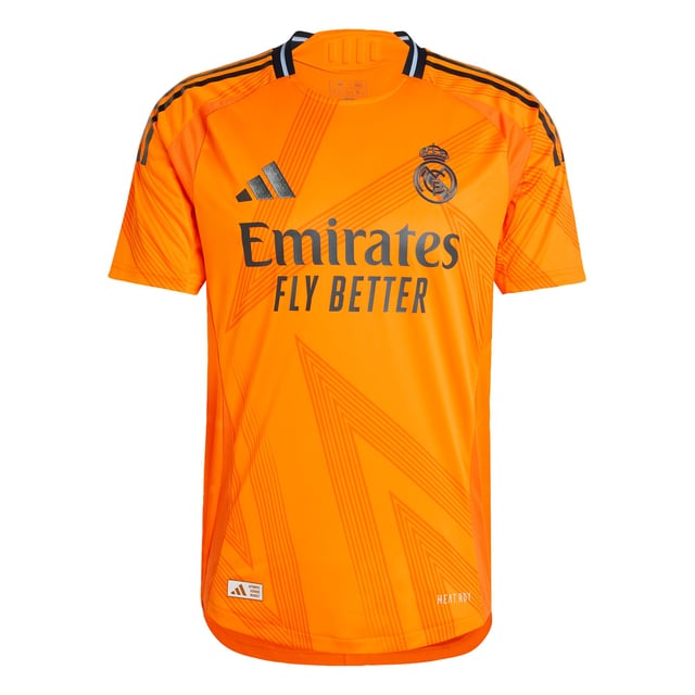 Highlighting the rise of a brand-new football generation. Created to complement Real Madrid's shimmering skills, this adidas away authentic jersey stands out with a vibrant orange base and an abstract, star-inspired design. Its metallic blue details include a heat-applied club badge. Behind the scenes, performance-boosting HEAT.RDY makes for effervescent play.This product is made with 100% recycled materials. By reusing materials that have already been created, adidas help to reduce waste and our reliance on finite resources and reduce the footprint of the products adidas make.  - Slim fit - Ribbed crewneck - 100% polyester (recycled) - HEAT.RDY - Side mesh inserts - Real Madrid heat-applied crest  Shipped by adidas