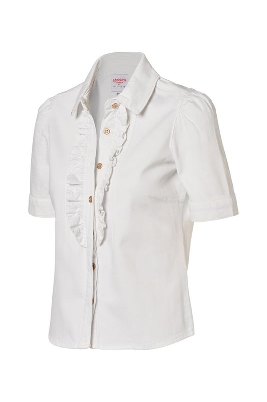 Kies deze zomer voor een blouse met een denim-look! Dit mooie blousje uit mijn nieuwste collectie is de ideale basis voor een stijlvolle outfit. De blouse in een frisse witte tint heeft korte pofmouwen en een chique hoge kraag. De knoopsluiting in het midden is voorzien van een speelse ruche, die de blouse een unieke uitstraling geeft. Door de getailleerde pasvorm en de lengte tot op de heup, komt je vrouwelijke silhouet prachtig tot zijn recht. Gemaakt van biologisch katoen, biedt deze witte blouse niet alleen stijl, maar ook optimaal comfort. Het stretchdenim past zich perfect aan je lichaam aan. Verkrijgbaar in verschillende kleuren: ontdek ook de Brighton denim blouse in mediumblauw en lichtblauw.