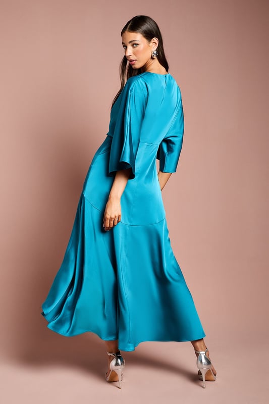 Satin Back Crepe Ruffle Wrap Midi Dress