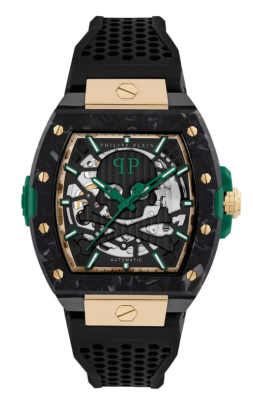 Die Philipp Plein $keleton Analoguhr für Herren ist das perfekte Zeitmessgerät, um es zu tragen oder zu verschenken. Das schwarze 44 mm Tonneau-Gehäuse kombiniert mit dem bequemen schwarzen Silikonarmband gewährleistet, dass Sie dieses beeindruckende Zeitstück ohne Kompromisse genießen können. Angetrieben von einem hochwertigen Automatikwerk und wasserdicht bis 5 Bar, wird Ihre Uhr weiterhin ticken. Fühlen Sie das Inferno an Ihrem Handgelenk. Die $keleton 2.0 von Philipp Plein ist für SS25 zurück, eine disruptive Neugestaltung der ikonischen Tonneau Automatik-Uhr, gefertigt aus einem kühnen neuen Metallarmband und gewagten Farbkombinationen. Diese Analoguhr ist mit leuchtenden Zeigern und leuchtenden Ziffern ausgestattet, das hochwertige schwarze Silikonarmband misst 21 cm in der Länge und 18,5 mm in der Breite und ist mit einer Schnalle versehen. Gehäusemaße: 42 x 44 mm, Gehäusedicke: 10 mm, Gehäusefarbe: Schwarz und Ziffernblattfarbe: Schwarz.