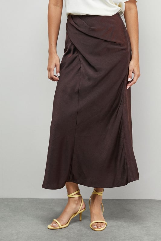 Crushed Satin Drape Front Bias Midi Skirt