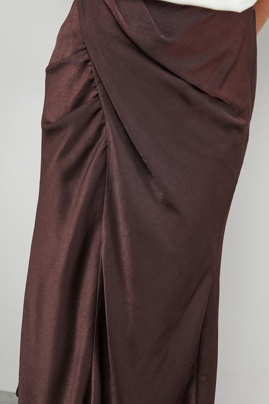 Crushed Satin Drape Front Bias Midi Skirt