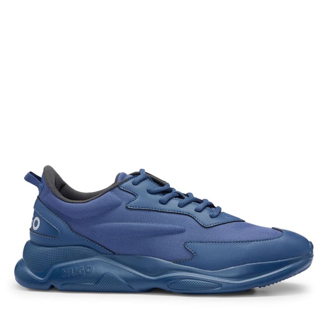 Mens HUGO Leon Running-Inspired Trainers with contrast details in navySignature trainers by HUGO  set on an EVA outsole and crafted in a mix of materials with contrast detailing and branding throughout.- Laces- Partially lined- Packaging: Box- Upper material: 100% Polyester.  Lining: 100% Polyester.  Sole: 100% Ethylene vinyl acetate.  Facing: 60% Polyester  40% Polyurethane.  Innersole: 100% Polyester.- Ref: 50517096-413