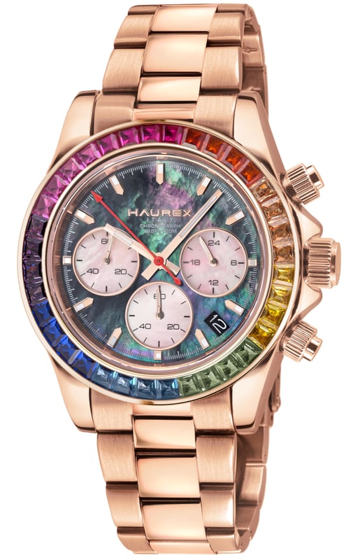 Haurex Italy:Arcobaleno SS/IPRG Case, Multi colored   Bezel, Black Dial, SS/IPRG Bracelet Watch