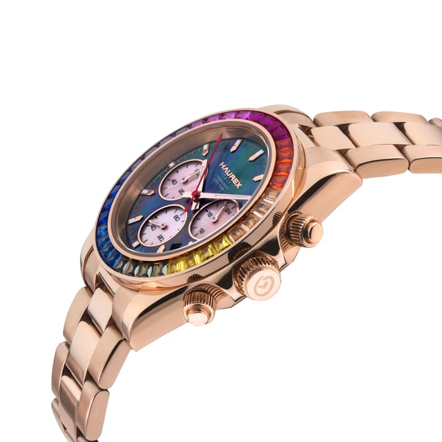 Haurex Italy:Arcobaleno SS/IPRG Case, Multi colored   Bezel, Black Dial, SS/IPRG Bracelet Watch