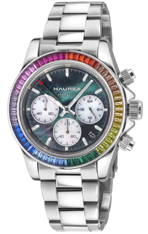 Haurex Italy:Arcobaleno 316L Stainless Steel Case, Multi Colored Bezel, Black Dial, Stainless steel Bracelet Watch