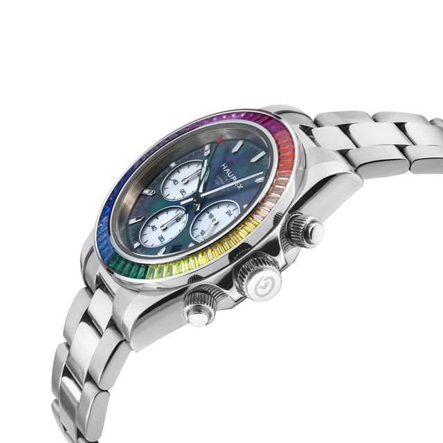 Haurex Italy:Arcobaleno 316L Stainless Steel Case, Multi Colored Bezel, Black Dial, Stainless steel Bracelet Watch